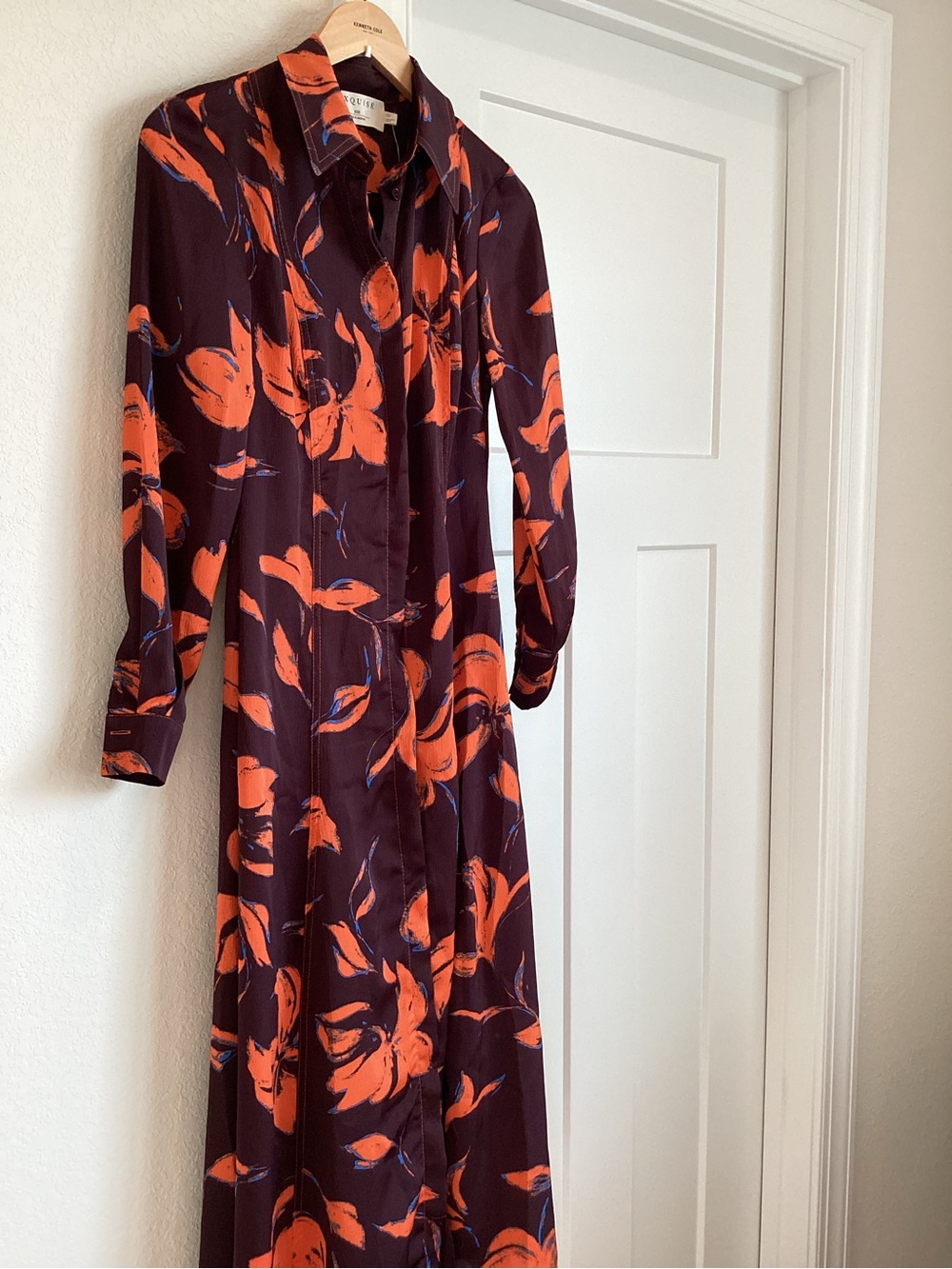 Exquise Long Sleeve Satin Shirt Dress Button Front New XXS Purple Orange Floral - Picture 5 of 13